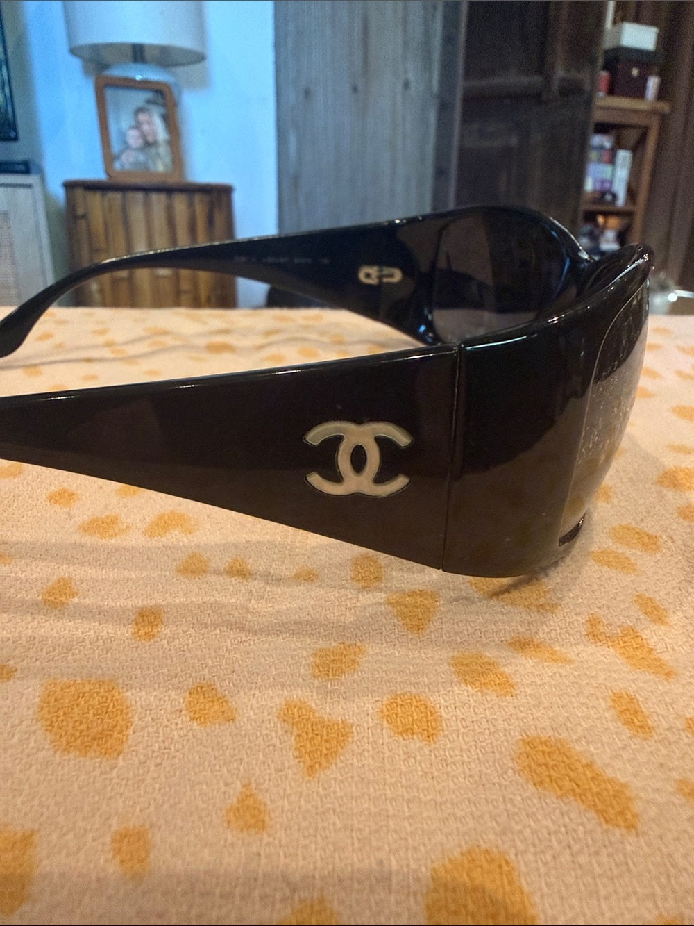 Authentic CHANEL Black Logo Shield Sunglasses with Mother of Pearl CC Inset Logo